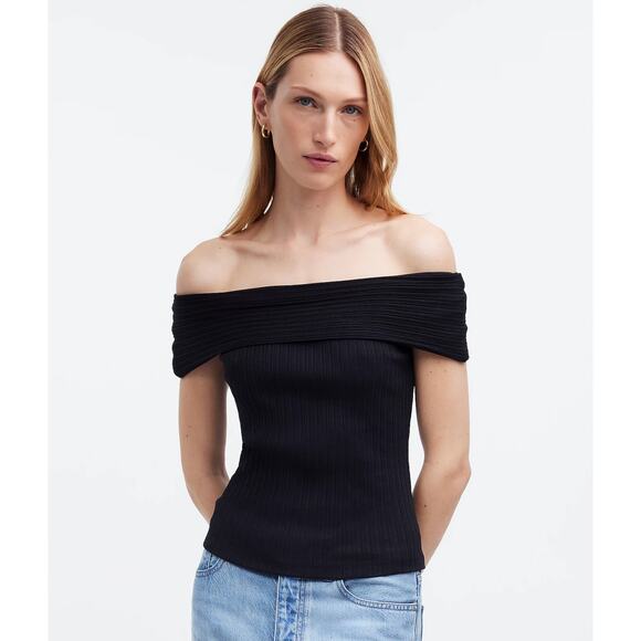 NWT Madewell Ribbed Off-the-Shoulder Top In Black Size XS - Picture 1 of 6